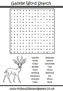 Gazelle Word Search - Kids Puzzles and Games